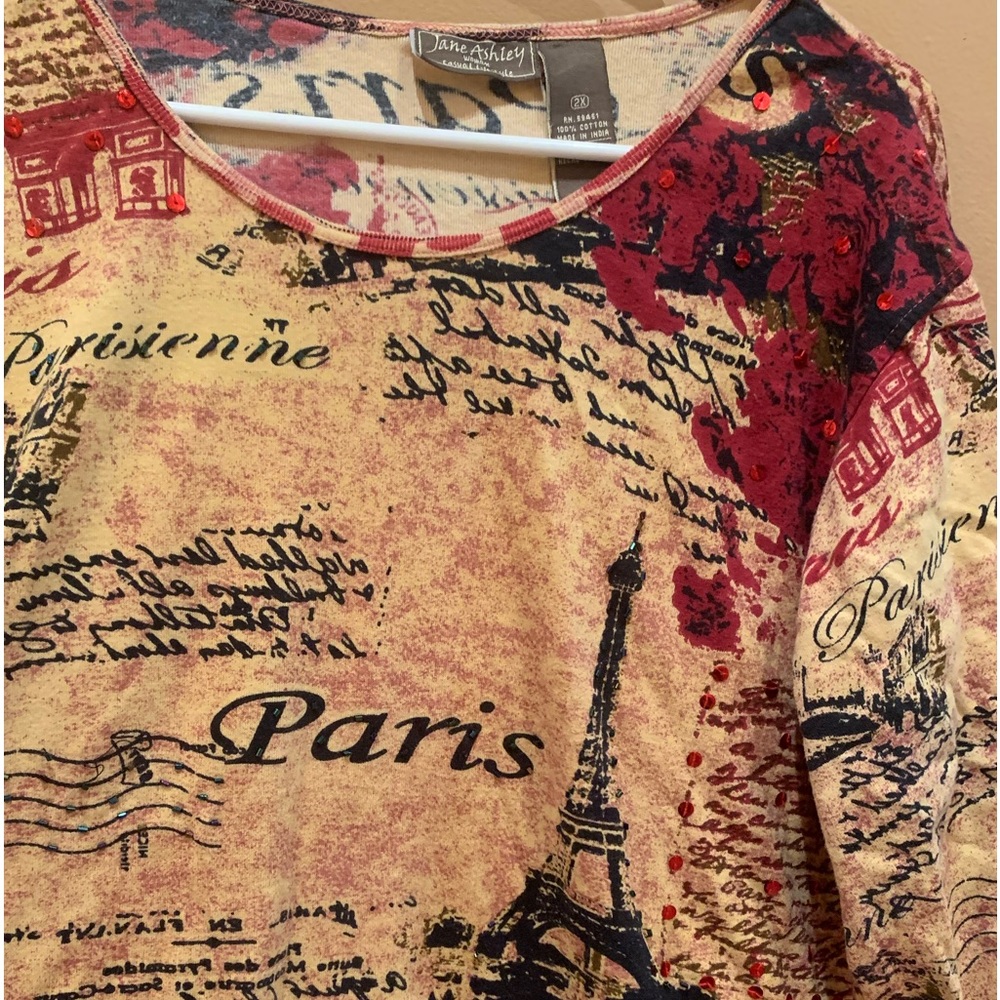 Jane Ashley Paris Print Sequins Cotton Size 2X 3/4 Sleeve Top PTP 25 - Picture 3 of 8